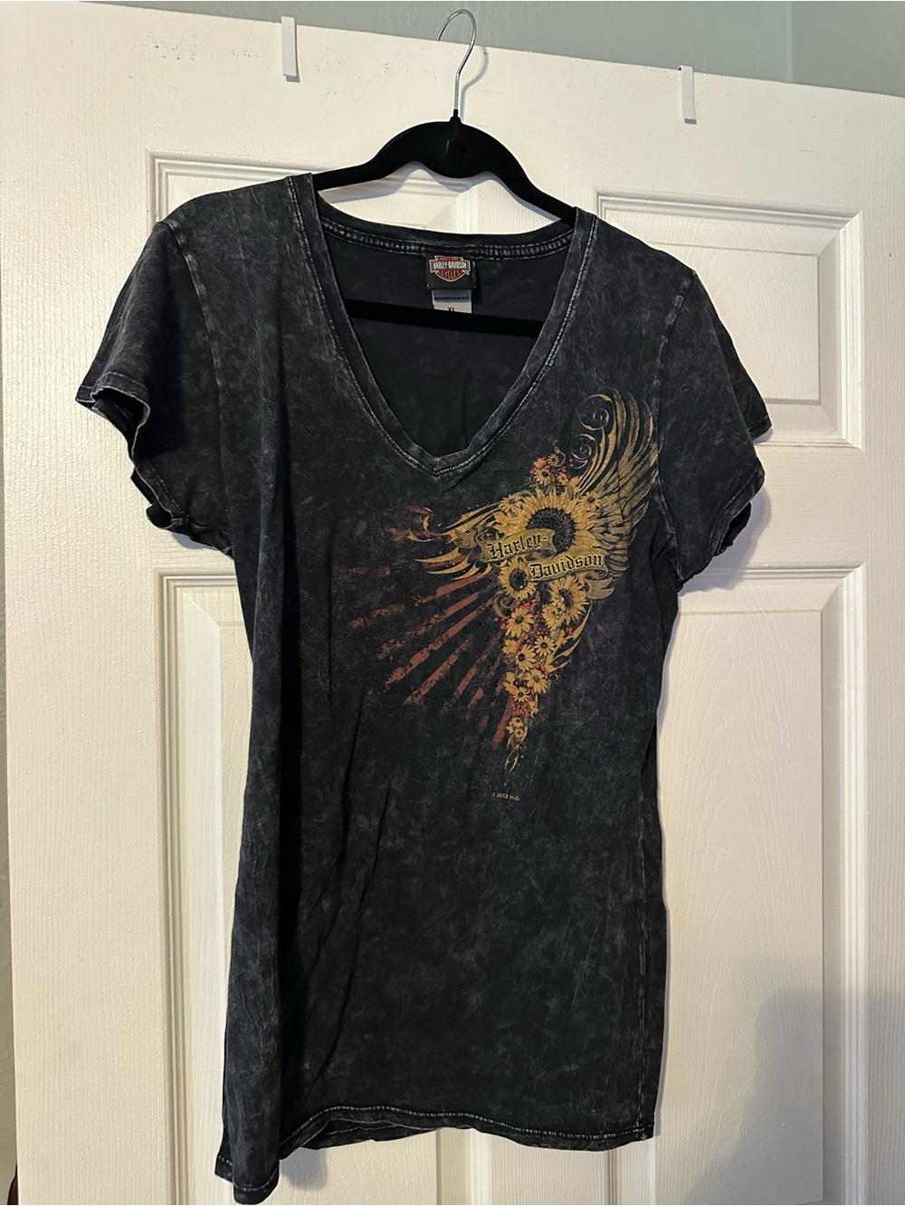 Harley-Davidson Women's Black V-Neck Graphic Tee with Gold Accent
